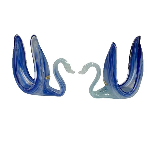 Set Of 2 Swans Handmade Cherokee Glass By Wagon Hill Blue - Picture 1 of 10